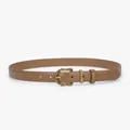 Minimalist caramel leather belt for women with vintage engraved gold metal buckle - Caramel color
