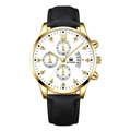 Detail of gold chronograph watch dial with Roman numerals, date window, and leather strap - Black Strap Gold Case White Dial Gold Hands