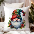 Winter Christmas gnome pillowcase with red plaid hat and holly berries on white fabric - CDR381-15