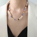 Bohemian pearl necklace with blue stones and tiger eye beads for elegant women - Blue Stone Tiger Eye Pearl Beaded / 38+5cm