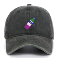 Close-up of vintage washed denim baseball cap featuring colorful bottle embroidery detail - Army Green