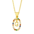 Detailed macro view of gold letter G pendant necklace with colorful micro-set zircons - Letter G