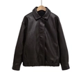 Minimalist dark brown PU leather jacket with classic stand collar on a wooden hanger - XS / Dark Brown