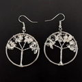 Detailed close-up of handmade Tree of Life wire wrap earrings with clear crystal stones - 3.5cm / Silver & White Crystal