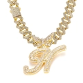 Golden iced out letter H pendant with rhinestones on a butterfly clasp Cuban chain - Gold Letter H