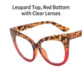 Cat eye glasses frame with upper leopard print and lower red transparent finish - Upper Leopard Lower Red / Clear Lens