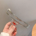 Large silver metal hair claw clip with elegant pearl beads on rectangular open frame - 84# Silver Slim Rectangular / Large