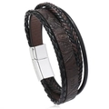 Multi-layer braided leather bracelet with brown embossed leaves and silver magnetic clasp - Dark Brown