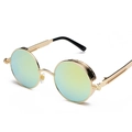 Retro steampunk round sunglasses with gold metal frame and colorful reflective green lenses - Gold Frame Gold Reflective C1