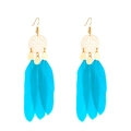 Bohemian long tassel earrings with bright blue feathers and golden metal filigree - KC Gold/Lake Blue Feather (7663)
