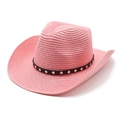 Detail of pink woven straw cowboy hat with black leather studded band on white background - M (56-58cm) / Dusky Pink