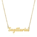 Detailed view of gold Sagittarius cursive pendant necklace on 18K stainless steel chain - Sagittarius / Gold