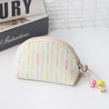 Beige mini canvas coin purse with colorful striped embroidery and beaded zipper charm - Small Shell / Off White