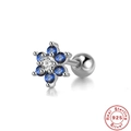 925 silver flower cartilage stud earring with blue and clear gemstones and screw back - Silver Flower