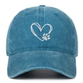 Close-up of heart and dog paw embroidery on washed blue denim baseball cap - Adjustable / Lake Blue