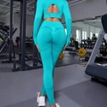 Bright cyan high-waisted seamless yoga set with back cutout and lifting effect - L / Lake Green