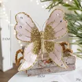 Pink velvet butterfly ornament with gold glitter and pearls for Christmas tree decor - 21×25CM / Light Pink