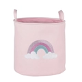 Pink fabric laundry basket with rainbow embroidery and handles for girl's toy storage - Rainbow
