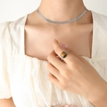 Silver wheat ear choker necklace and brown tiger eye stone ring set on model - 35+5CM / Steel