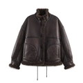 Damen-Jacke in Dunkelbraun mit hohem Kragen, Kunstleder-Finish und weichem Teddyfell-Innenfutter - XS / Dunkelbraun