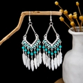Silver alloy drop earrings with blue beads and feather charms in bohemian ethnic style - Silver Lake Blue Feather Tassel(E5245-2)
