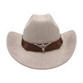 Light gray western cowboy hat with brown leather band and silver bull head emblem - Gray