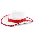 Classic white felt cowboy hat with red braided ribbon and decorative stitched brim edge - M (56-58cm) / White (Red Whipstitch)