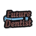 Future Dentist enamel lapel pin in black finish with brown lettering and icons - Future Dentist