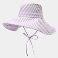 Detail of wide brim sun hat with light purple stripes and a delicate bow strap - Light Purple