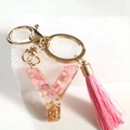 Pink resin letter Y keychain with gold flakes, tassel and crystal shell fragments - Letter Y