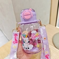 Purple Capybara dual-drink plastic water bottle with 'Spring Hello' strap for students - 600ml / LF-2039 Purple (Unicorn)