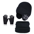 Kids black knit winter set with earflap hat, scarf, and gloves featuring snowflake pattern - Three-Piece Set / Black