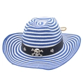 Handwoven straw cowboy hat featuring blue stripes and punk metal skull ornaments - Blue & White Striped with Wind Rope (White Skull)