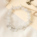 Elegant Chinese style bracelet with white translucent beads and silver leaf charms - Ping An Xi Le White Bead (K3581)