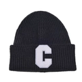 Winter black ribbed knit beanie featuring a white plush letter C patch in retro style - Black/White Icon