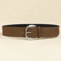 Detail of brown suede leather belt featuring a wide silver circular buckle and adjustment holes - Coffee With Silver Buckle / 100cm