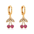 Chic cherry drop earrings with rose red crystals and gold-plated leaf studs - Rose Red Rhinestone Cherry Hoop (8122)