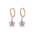 Elegante goldene Ohrringe mit lila Blumenanhängern und Zirkonia für Damen - 14K Gold + Lila Zirkonia