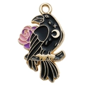 Gothic metal raven pendant with moon and rose symbols in black and gold enamel finish - Left Flower Crow