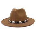 Detail showing the brown wool fedora hat with a black leather belt and silver metal buckles - Khaki