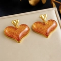 Gold plated stainless steel big heart earrings with brown glitter resin pendants - Brown Glitter Style (E6267)