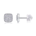 Macro shot of silver stud earrings with square halo design and clear zircon stones - E13482-Square Halo Pavé with GRA Certificate
