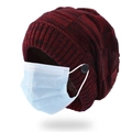 Winter knitted beanie in burgundy and black melange with buttons for face mask straps - Wine Red With Buttons