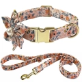 Pink floral pet collar and leash set with golden metal buckle and pearl flower decor - 3-Piece Set(Flower+Collar+Leash) / Size XS(19-28cm) / Peach Pink Floral
