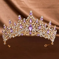 Elegant gold bridal tiara with purple and clear crystals and ornate leaf carvings - Gold Purple