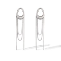 Detail view of silver tassel earrings with irregular oval metal plates and hanging chains - Silver