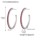 Classic C-shaped stainless steel hoop earrings set with vibrant red zircon stones - Style A-26mm / Steel Pink Zircon