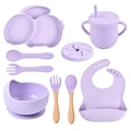 9-piece light purple silicone baby feeding set with suction bowl and divided plate - Full Tableware Set (Light Purple/Y2)