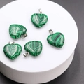 Set of five green malachite-textured heart pendants with metal rings for jewelry making - Synthetic Malachite