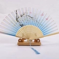Japanese style bamboo folding fan with blue branches, pink butterflies and blue tassel - White Ribs Style 22